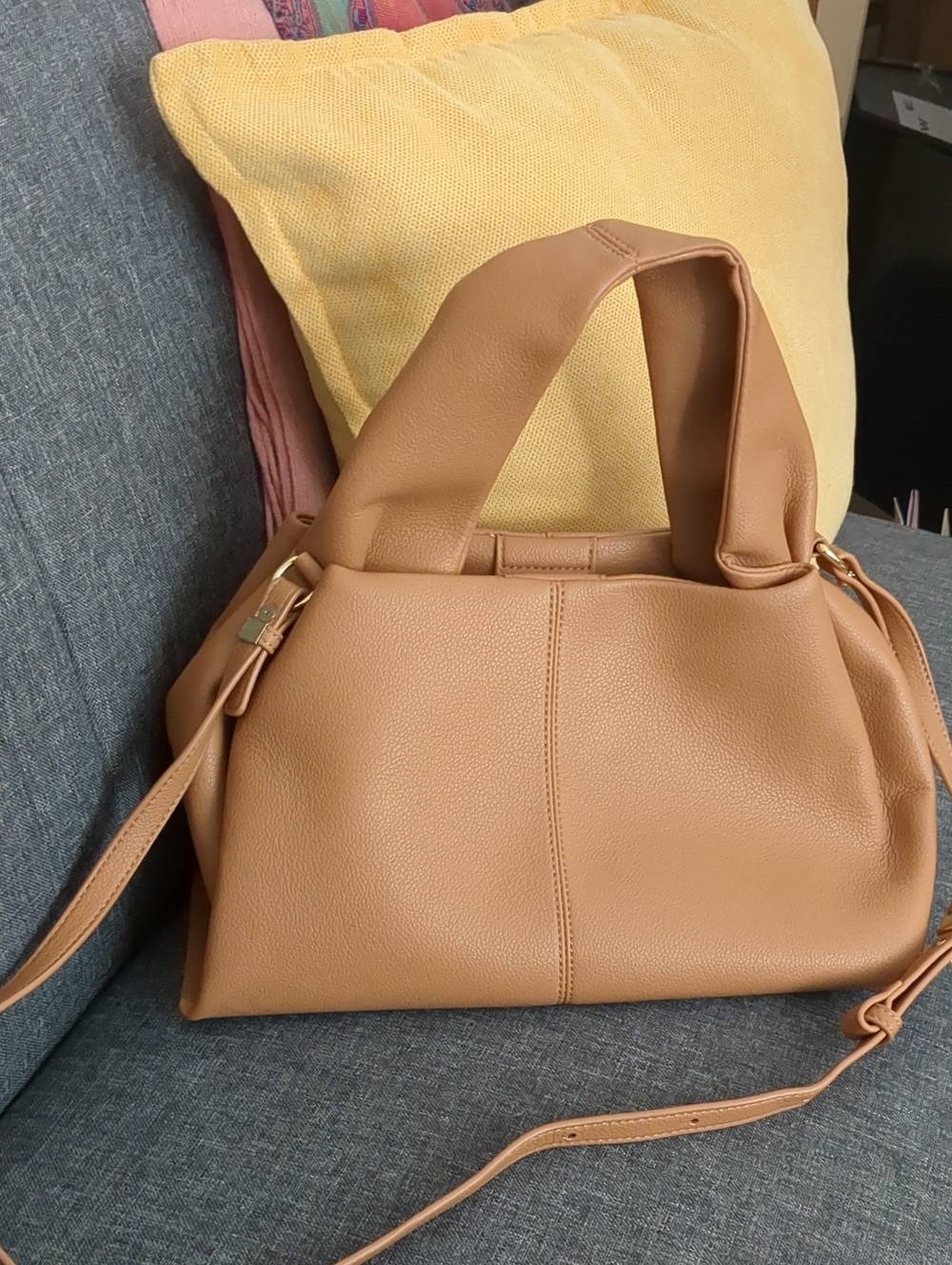 Structured Tan Shoulder Bag with Soft Top Handle